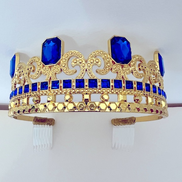 New Girls Disney Cinderella Gold Colored Tiara with Blue Jewels Metal Crown - Picture 1 of 15